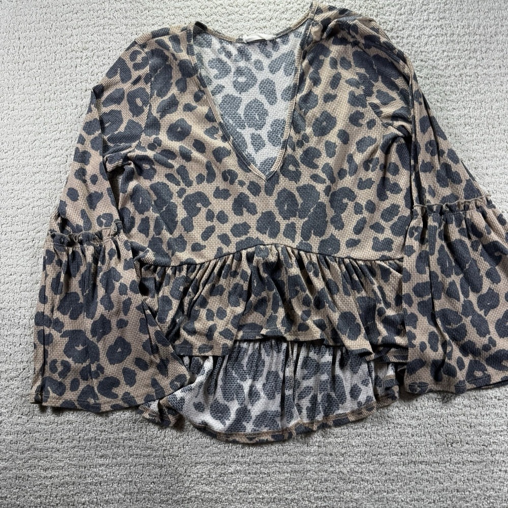 Altar'd State Cheetah Print Peplum Blouse Bell Sleeves‎ Size Medium